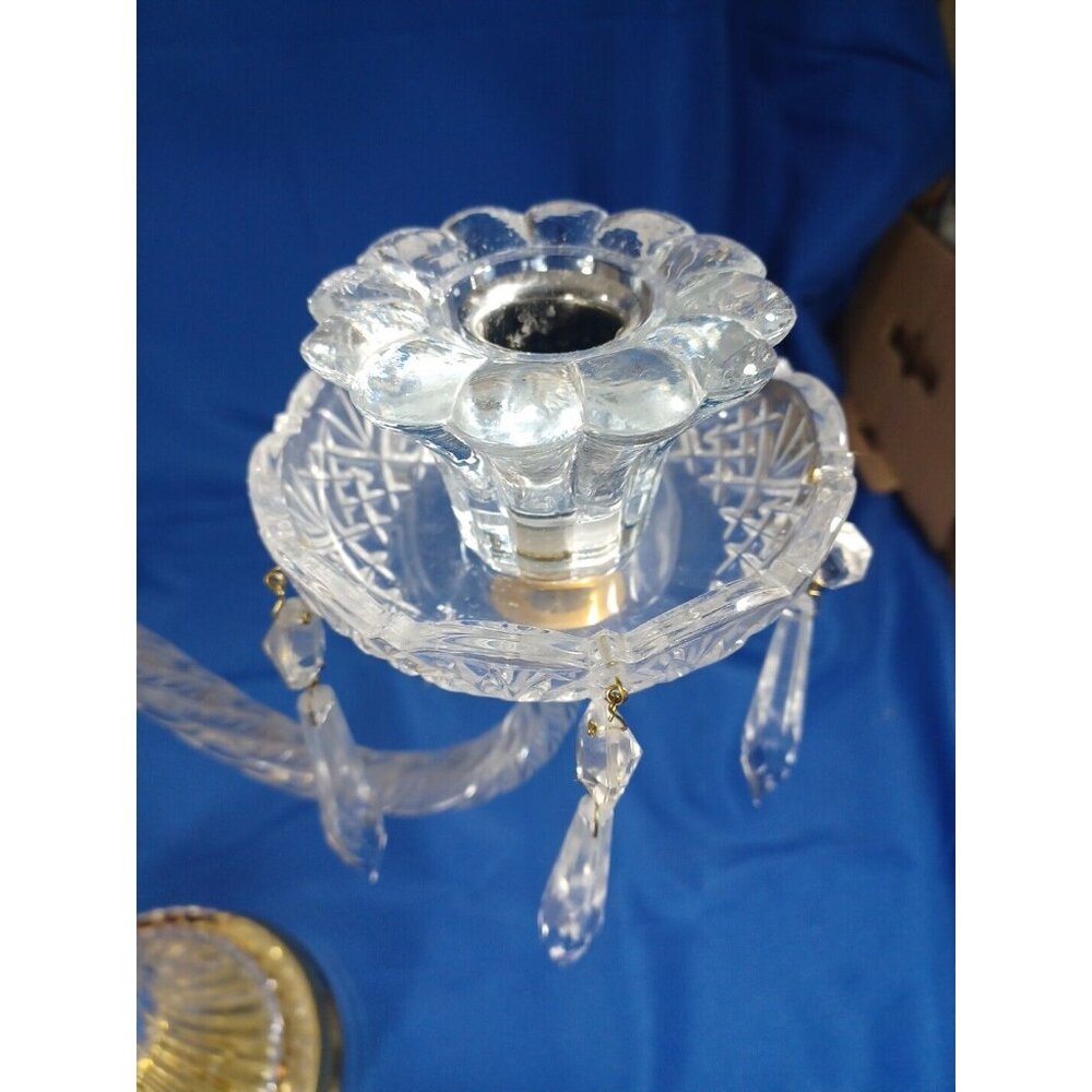XL Cut Crystal 3 Arm Candlestick Candelabra Prisms Hollywood Regency MCM Brass - Picture 6 of 10
